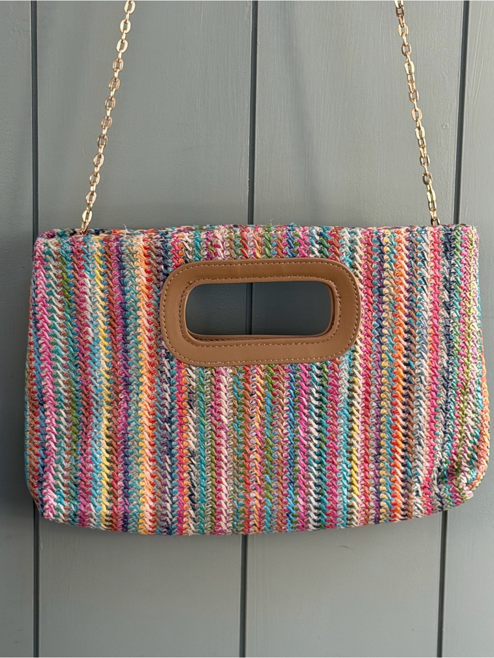 Multicolor Straw Weave Shoulder Bag with Tan Trim